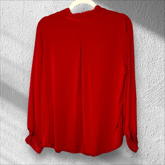 Chicos Size 2 Large Sandwashed Satin Ruffle Blouse Orange Red Lace Up Blouse Top - Picture 2 of 13